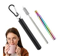 Reusable Straws with Case | Folding Drinking Straw Set | Cruise Ship Accessories, Stainless Steel Straws with Case Cleaning Brush and Carabiner for School, Picnic