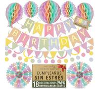 Reutilizable Kit Decoración Cumpleaños de Colores Pastel - Pancarta Multicolor, Banderines, Pompones, Guirnalda, Decoracion Cumpleaños Niña Mujer, 18 Piezas por Itsy Bitsy Party Co.