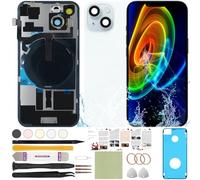 ReuWeu Repuesto de cristal trasero compatible con iPhone 15 Plus todos los operadores de 6.7 pulgadas + placa preinstalada + cable flexible de bobina de carga inalámbrica + micrófono, linterna + marco