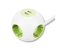 REV 0015408102 PowerGlobe, Enchufe Redondo, 2 x USB, 1,4 m, 3500 W, Blanco-Verde