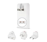 Rev Conector de Viaje con 2 x USB-C 65 W - Adaptador de Viaje en Todo el Mundo (EE. UU., UK, UE, AU, China) - Cargador rápido para Smartphone y Tablet, Compacto y Plano, Color Blanco