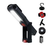 REV Lámpara de trabajo LED TORCH - Lámpara de mano compacta con batería con base magnética de 360° y gancho para colgar, ideal para taller, camping y coche, color negro y rojo