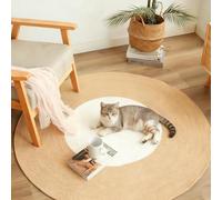 Reversible Cat Scratching Mat,Round Jute Rug with Non Slip Bottom,Washable Pet Scratch Pad for Indoor Cats,Dual Sided Scratch Resistant Carpet (White+Khaki, 45cm)