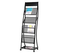 Revistero portátil con 4 bolsillos para folletos y catálogos para periódicos, ferias comerciales, uso en oficina, revistero móvil con ruedas para un fácil transporte