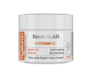 RevitaLAB - Crema antiarrugas de día y de noche con ácido hialurónico enriquecida con vitaminas A, B3, B5, E, C, aceite de jojoba y filtros UV, franja de edad 40-55, 50 ml