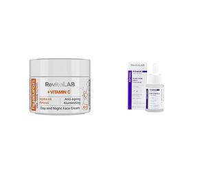 RevitaLAB Hyaluron Anti-Aging Day and Night Cream, Enriched with Vitamins A, B3, B5, E, C, Jojoba Oil, and UV Filters for Ages 40 - 55, 50 ml &, Sérum facial, 30 ml