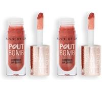 Revolution, Pout Bomb Shimmer Gloss, Brillo Labial con Efecto Mojado y Destellos, con Ácido Hialurónico y Aroma a Vainilla Dulce, Nude Glow (Paquete de 2)