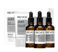 REVOX B77 - Just Skin Brightening Set, 4 x 30 ml, Sérum Contorno Ojos Cafeína 5% + Sérum Vitamina C + Ácido Glicólico + Limpiador Facial Escualano, Set Cuidado Facial, Piel más Uniforme y Luminosa