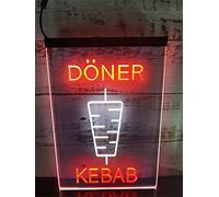 REWIS Letrero de neón LED Doner Kebab, Luces de neón grabadas en 3D de Doble Color USB Personalizadas, para Parrilla, Restaurante, Comida rápida, Colgante Decorativo Regulable,White Red,30x20cm