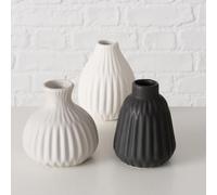 ReWu Juego de 3 jarrones decorativos de cerámica con surcos, jarrón de flores, decoración de mesa, decoración del hogar, color negro, blanco y gris - Altura: 11 cm