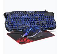 Rewurnth Juego de teclado y ratón para juegos, QWERTZ DE 114 teclas, teclado con cable retroiluminado LED, ratón ergonómico de 4 colores, alfombrilla de ratón grande, USB para PC PS5 Xbox