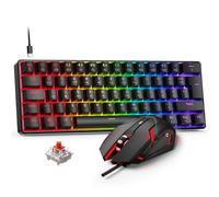 Rewurnth Juego de teclado y ratón para videojuegos, 60% QWERTZ, mini teclado mecánico con iluminación RGB, interruptores rojos, cable USB-C, ratón para juegos LED, 4 colores, juego compacto para PC