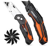 REXBETI 2-Pack Utility Knife, Heavy Duty Retractable Box Cutter for Cartons, Cardboard and Boxes, Blade Storage Design, Extra 10 Blades Included