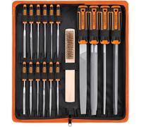 REXBETI Juego de 25 limas de metal, acero de aleación forjado T12 de grado premium, lima grande plana/triangular/media redonda/redonda y 12 limas de aguja con funda de transporte, 6 piezas de papel de