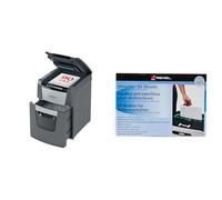 Rexel 2020090XEU - Destructora Papel Automática 90X, CortePartículas P-4, 90 Hojas A4, Papelera 34L,Grapas y Clips, Uso en Oficina + Pack 12 Hojas lubricantes para destructora de Papel, tamaño A5