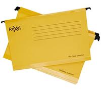 Rexel Classic 2115593 - Archivadores colgantes reforzados para archivadores, base en V de 15 mm, cartón 100% reciclado, color amarillo, 25 unidades