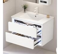 REXO Armarios de baño colgantes de pared, 76 x 46 x 48,5 cm, lacado completo, iluminación con sensor de radar LED, dos cajones, rieles deslizantes silenciosos, lavabo, lavabo integrado, color blanco