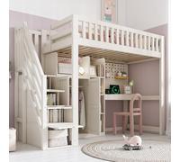 REXO Cama alta infantil blanca de 90 x 200 cm con escritorio, armario de escalera y armario, estantes abiertos, conexiones USB/USB-C, somier, solución todo en uno que ahorra espacio, sin colchón.