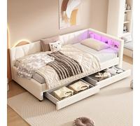 REXO Cama de día, 140 x 200 cm, cama de día, sofá cama, compartimento de almacenamiento en la cama, USB+tipo C, mando a distancia para luz ambiental LED, con cama extraíble, sin colchón, lino, gris