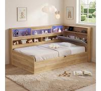 REXO Cama de día, cama de almacenamiento hidráulico, cuna de 90 x 200 cm, cama de madera, con estación de carga USB e iluminación LED, color natural, natural.