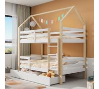 REXO Cama infantil con forma de casa, cama doble, madera de pino, cajones grandes, 90 x 200 cm, sin colchón, color blanco y roble