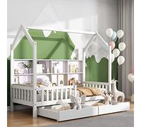 REXO Cama infantil de 90 x 200 cm, con estantería multiusos y dos cajones grandes con espacio de almacenamiento y forma de chimenea, color blanco