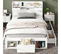 REXO Cama sencilla, 90 x 190 cm, con puerto USB y cajón, cuna, cama juvenil, cama multiusos, mucho espacio de almacenamiento, colchón no incluido, color blanco.