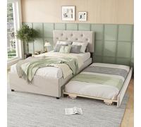 REXO Cama tapizada, 90 x 200 cm, cama con somier (sin colchón), cama con cajonera con ruedas, terciopelo, minimalista (beige)
