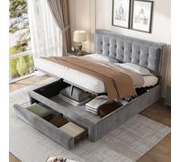 REXO Cama tapizada de 140 x 190 cm con somier y cabecero, cama de almacenamiento hidráulico, cama doble con 2 cajones, somier de láminas de madera, terciopelo, gris