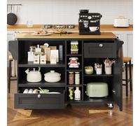 REXO Carrito de comedor (129 x 46 x 92 cm), moderno y sencillo, color negro, con cajones y armarios de almacenamiento, encimera de madera marrón claro, adecuado para familias modernas