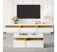 REXO Combinación de pared de TV, combinación de pared de salón, mesa de café + mueble de TV, combinación de armario multifuncional (blanco, 100 x 50 x 40 cm + 200 x 40 x 42 cm)