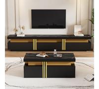 REXO Combinación de pared de TV, combinación de pared de salón, mesa de café + mueble de TV, combinación de armario multifuncional (negro, 100 x 50 x 40 cm + 200 x 40 x 42 cm)
