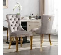 REXO Juego de 2 sillas de comedor de madera maciza con tapizado de terciopelo contemporáneo, patas de acero inoxidable dorado, clavos decorativos, color gris y dorado.