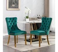 REXO Juego de 2 sillas de comedor de madera maciza de alta calidad con parte superior acolchada y patas de acero inoxidable doradas, color verde