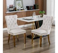 REXO Juego de 2 sillas de comedor tapizadas de madera maciza de alta calidad con tapizado de terciopelo contemporáneo, patas de acero inoxidable, clavos decorativos, color beige y dorado.
