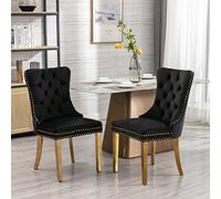REXO Juego de 2 sillas de comedor tapizadas de madera maciza de alta calidad con tapizado de terciopelo contemporáneo, patas de acero inoxidable dorado y clavos decorativos, color negro y dorado.