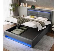 REXO Lit Rembourré, 140 x 190 cm hydraulique, Avec Port USB (supporte le chargement sans fil et filaire), Avec éclairage LED et 3 tiroirs de Rangement, sans matelas, PU Design Litchi, gris