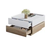REXO Mesa auxiliar con tablero giratorio 360°, 2 niveles y armario de almacenamiento, mesa auxiliar con marco de nogal, 60 x 60 x 38 cm, color blanco, nogal natural