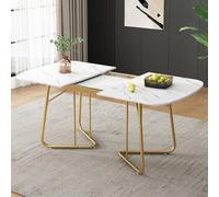 REXO Mesa de comedor con estructura de mármol, patas de metal chapado en oro, ampliable 140/180 x 80 cm, exquisito estilo de lujo, ángulo recto blanco, adecuado para 4 - 6 personas