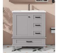REXO Mueble de baño de pie 76 x 46 x 83,5 cm con lavabo, lavabo, lacado completo, estante para puerta, tres cajones silenciosos, lavabo de cerámica integrado, gris