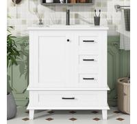 REXO Mueble de baño de pie 76 x 46 x 83,5 cm con lavabo, lavabo, lacado completo, estante para puerta, tres cajones silenciosos, lavabo de cerámica integrado, color blanco