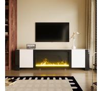REXO Mueble de TV con chimenea eléctrica efecto llama, sin función de calefacción, alto brillo, color blanco y negro