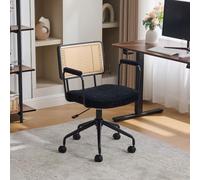REXO Silla de oficina de ratán vintage con ruedas, silla giratoria ajustable con asiento de chenilla y marco de madera para oficina en casa, estudio, sala de estar, color negro
