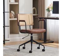 REXO Silla de oficina vintage de ratán con reposabrazos, altura ajustable, asiento de piel sintética y ratán sintético para oficina en casa, color marrón