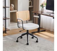 REXO Silla de oficina vintage de ratán con ruedas, ajustable, con asiento de chenilla y marco de madera, para oficina, oficina, sala de estar, color marfil