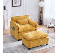 REXO Sillón moderno de gran tamaño con reposapiés y taburete, sillón de salón de terciopelo con bolsillos laterales y almohadas, cómodo sillón de lectura para salón, dormitorio y apartamento (amarillo