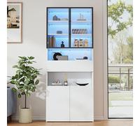 REXO Vitrina, armario alto, 70 x 30 x 200 cm, cajones, puertas de cristal, plataforma de almacenamiento abierta, estantería, color blanco