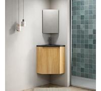 REXO Zuri - Lavabo de baño de 38 cm con lavabo integrado de resina negro mate, armarios triangulares de madera contrachapada con rayas, para esquinas, una puerta, premontado, color de grano de madera