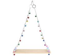 REXVTNS Parrot Swing Perch with Bells | Wooden Standing Toy for Medium & Large Birds | Hanging Chew Toy for Chickens/Parakeets/Cockatiels | Stainless Steel Chain & Colorful Beads