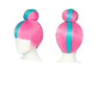 REYHS Qiyana - Peluca de cosplay de True Damage, color azul, mezclado con rosa, con moño, pelo sintético resistente al calor + gorra de peluca